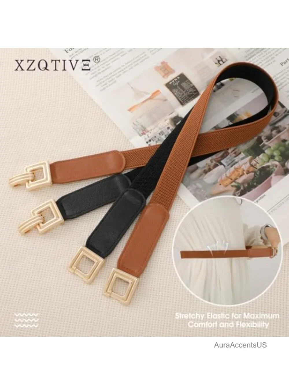 2 Pack Women's Skinny Stretchy Cinch Belt with Retro Gold Buckle